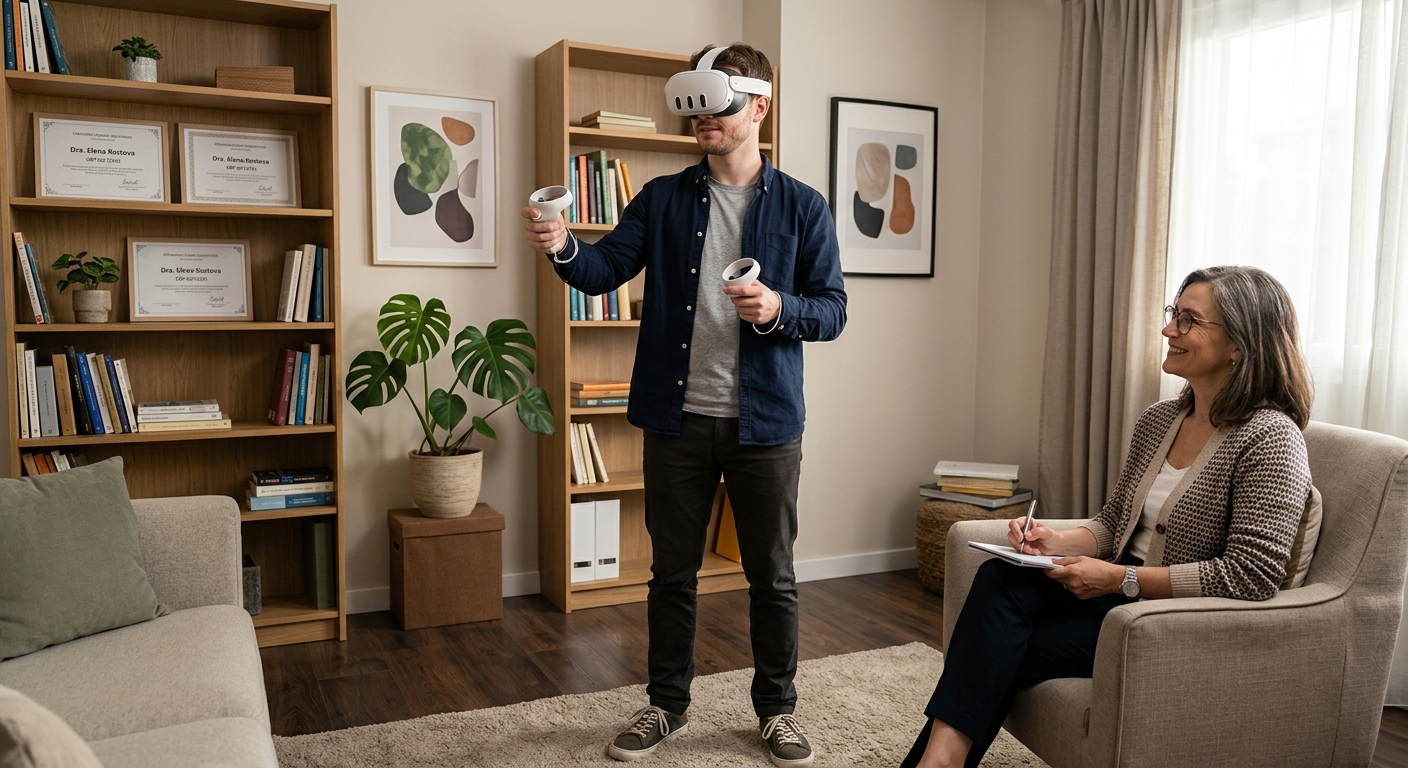 Adulto usando headset Meta Quest de realidade virtual durante atividade acompanhada por profissional
