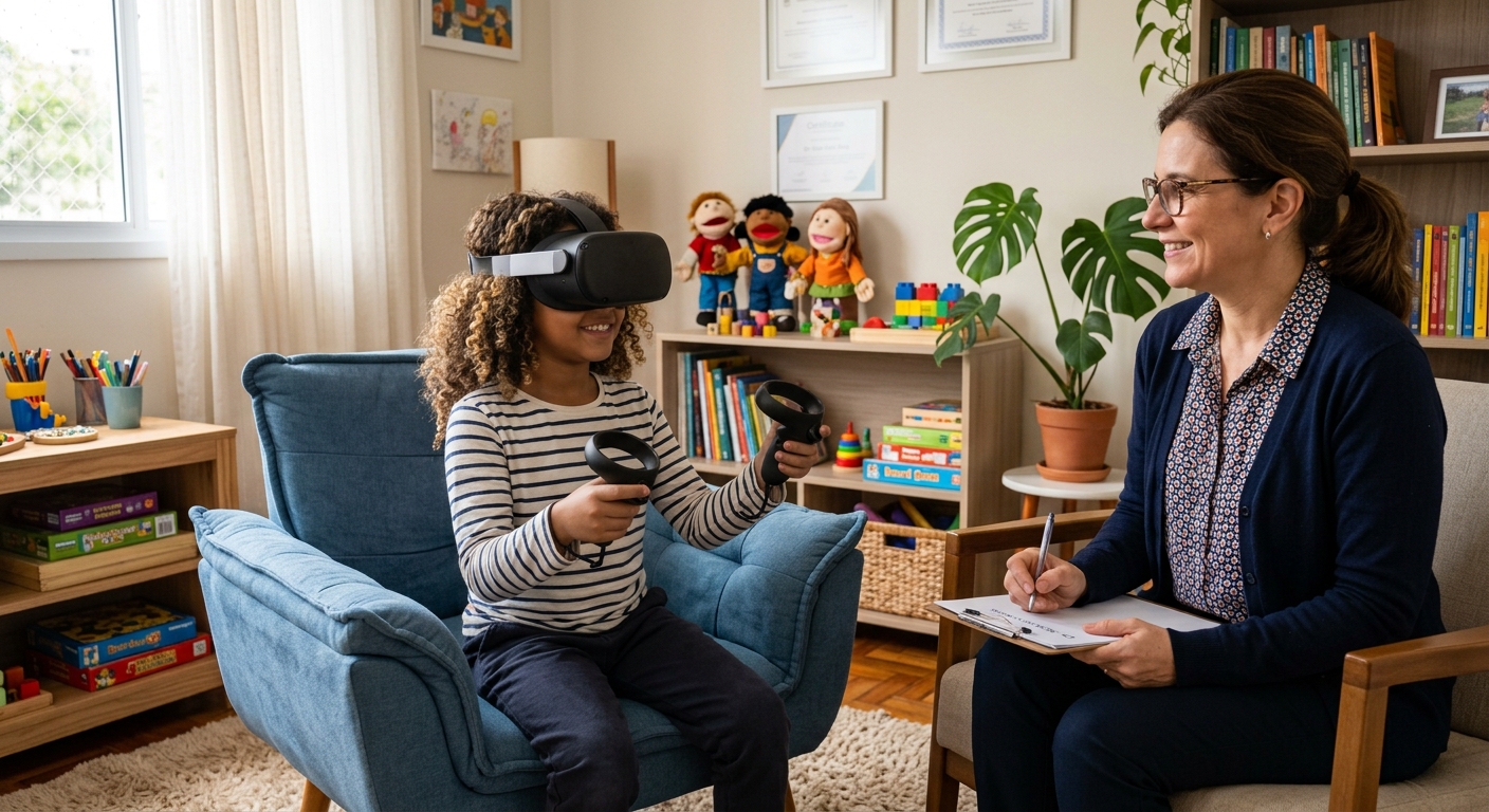 Criança usando óculos de realidade virtual Meta Quest durante atividade acompanhada por profissional em ambiente clínico